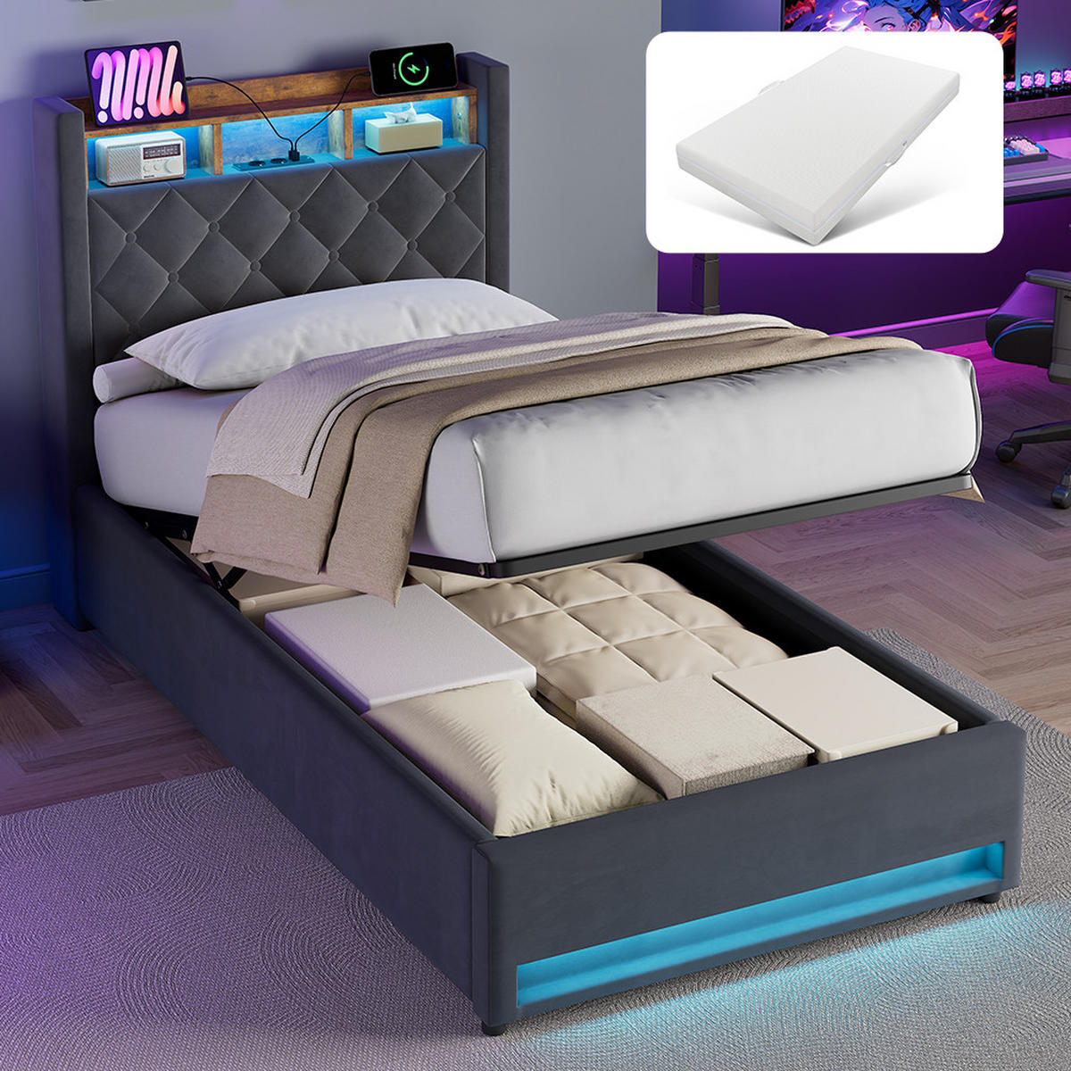 POLSTERBETT 90/200 cm mit Matratze und Bettkasten Boxspringbett mit Steckdose und LED-Licht, in Grau - Grau, Holzwerkstoff/Textil (90/200cm) - STILVORA