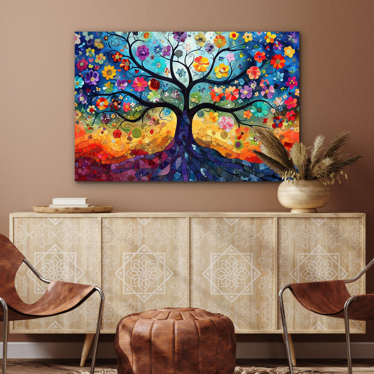 METALLBILD Kunst - Baum des Lebens - Blumen - Hippie 120x80 cm - Dunkelblau, Metall (120/80cm) - MuchoWow