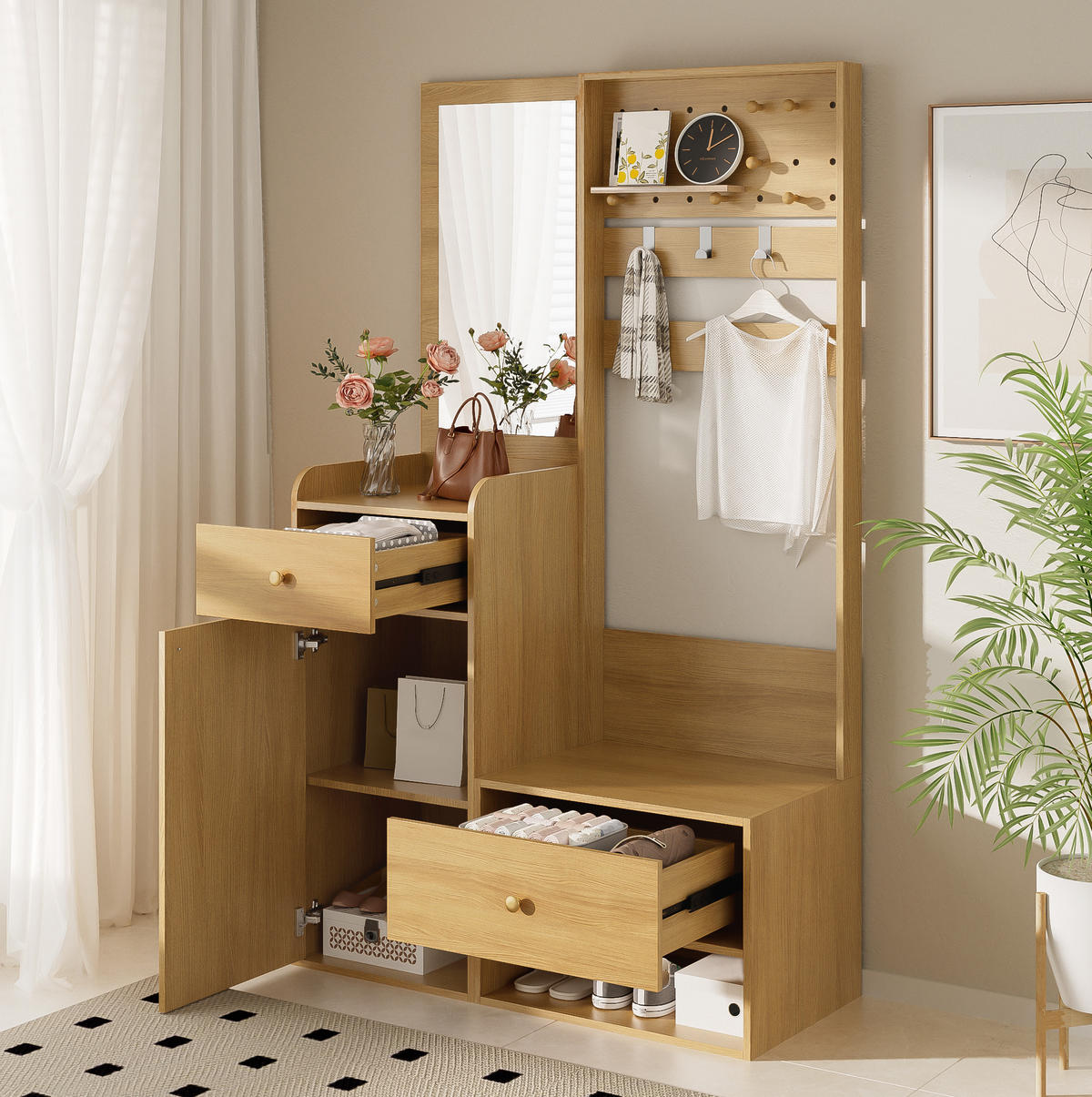 OMARA za oblačila 105/38/180 cm z ogledalom, 2 predaloma, zaprtim prostorom in odprto polico, Wood - naravne barve, leseni material (38/180/105cm) - Redom