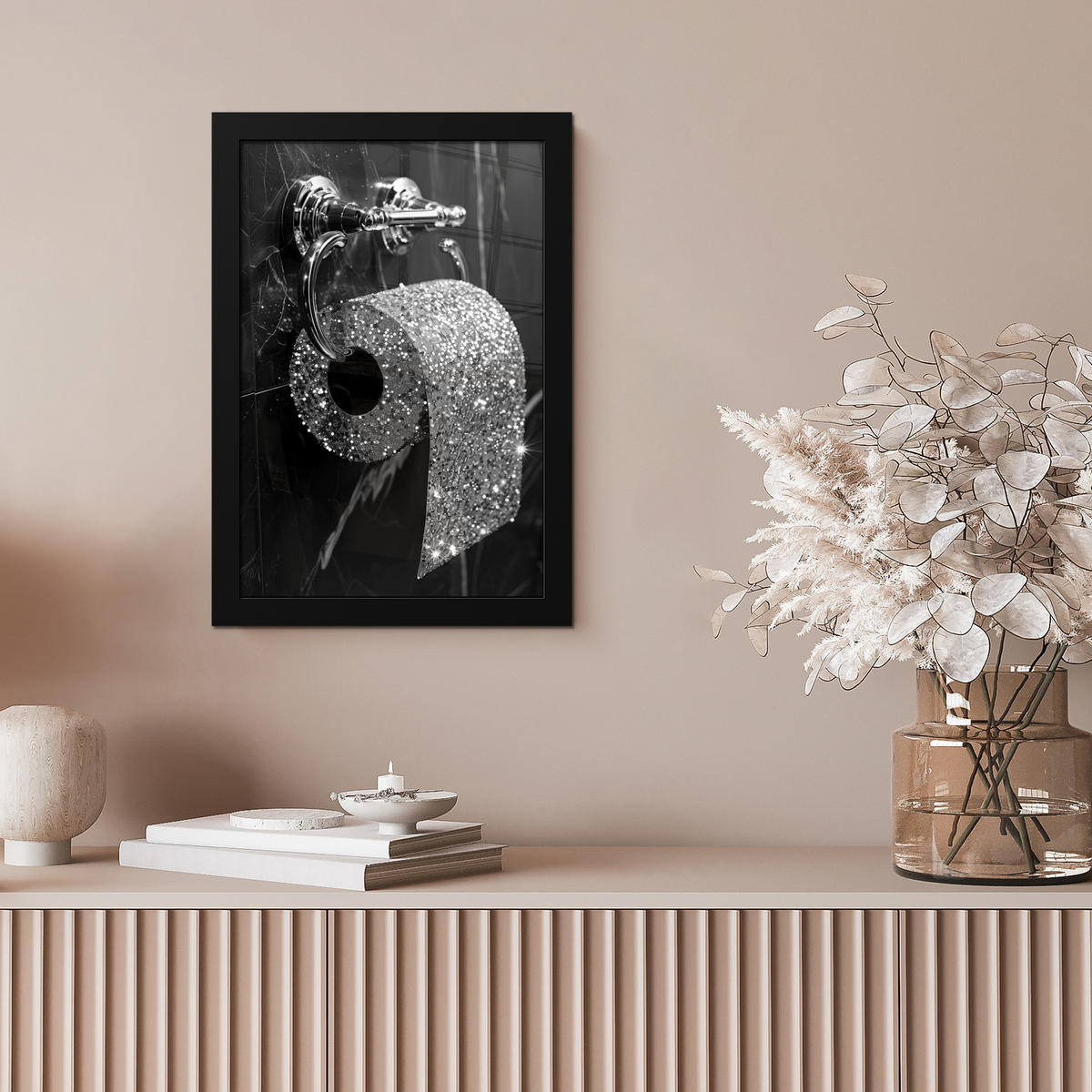 GERAHMTES BILD WC - Toilettenpapier - Schwarz und weiß - Glitter 20x30 cm - Silberfarben, Papier (20/30cm) - MuchoWow