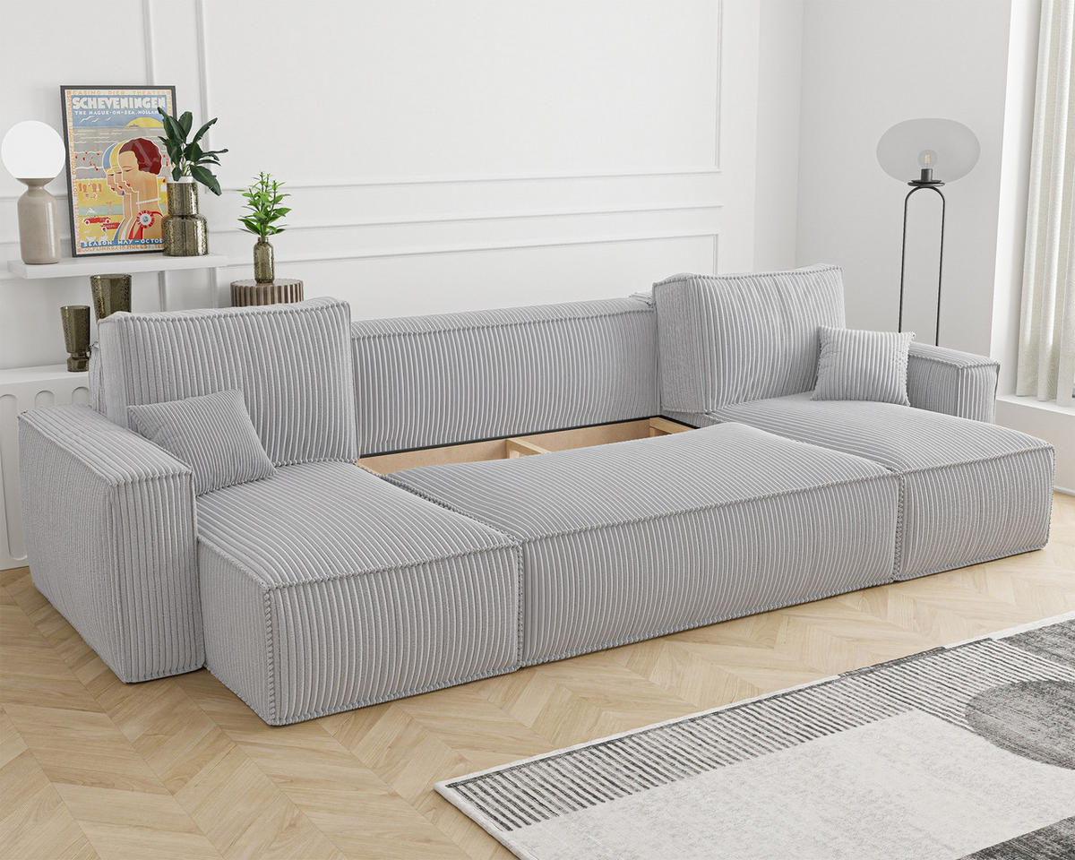 WOHNLANDSCHAFT Scarlo Hellgrau Cordbezug - Hellgrau/Schwarz, Kunststoff/Textil (312/83/145cm) - Selsey
