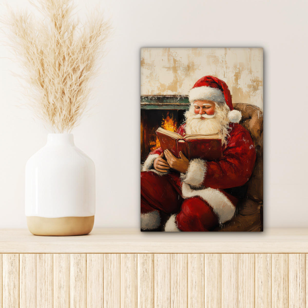 LEINWANDBILD Weihnachten - Weihnachtsmann - Winter - Open Fireside Deko Wohnzimmer 20x30 cm - Dunkelrot, Textil (20/30cm) - MuchoWow