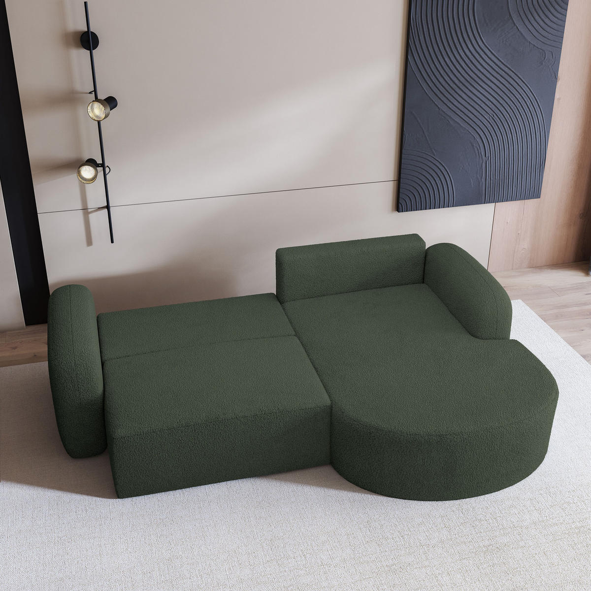 ECKSOFA AMILIA R-S Grün Boucle-Stoff mit Schlaffunktion - Grün, Holz (263/174cm) - MASSENO