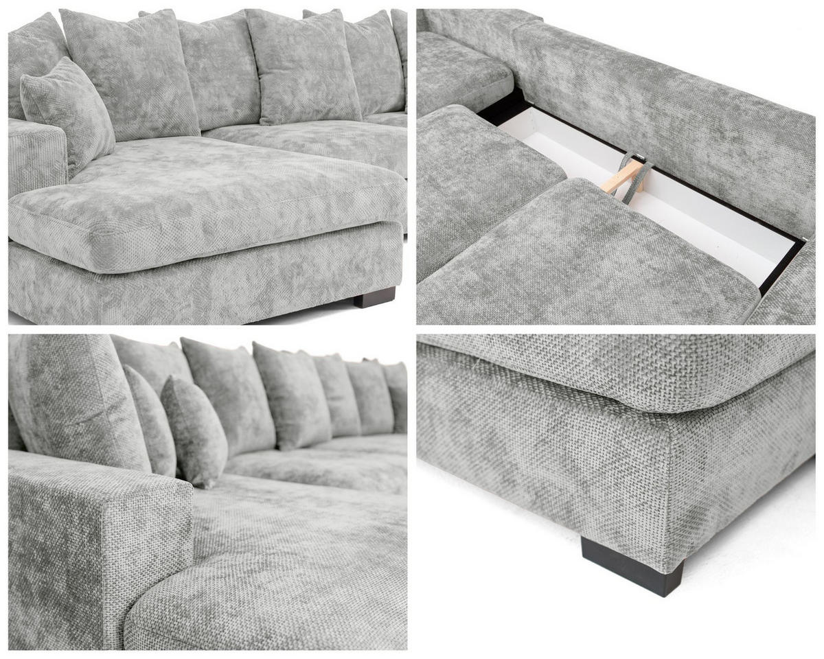 WOHNLANDSCHAFT Dahlia mit Schlaffunktion und Bettkasten in U-Form - Hellgrau Chenille 373/92/155 cm - Hellgrau/Schwarz, Kunststoff/Textil (373/92/155cm) - WFL GROUP