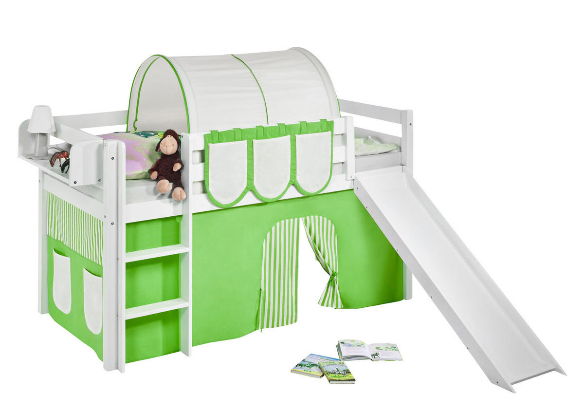 SPIELBETT JELLE Grün Beige - Hochbett - mit Rutsche und Vorhang - Weiß, Holz - Lilokids
