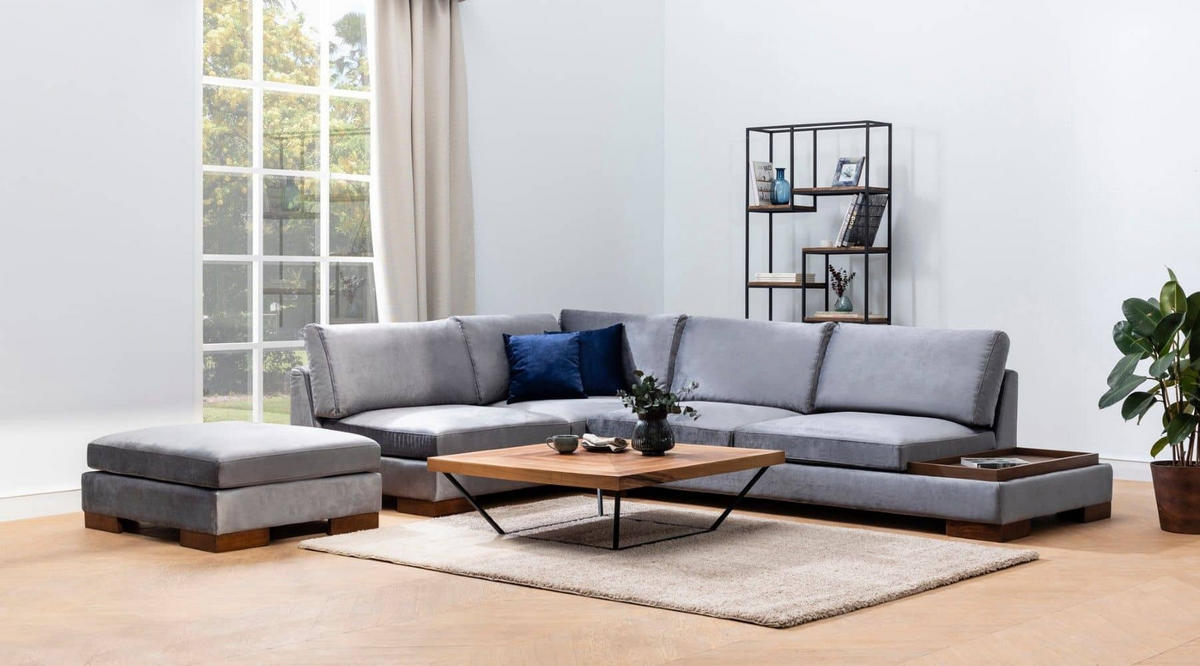 ECKSOFA mit Hocker und Lounge-Design - Dunkelgrau/Anthrazit, Holz/Textil (313/193cm) - myHomelando