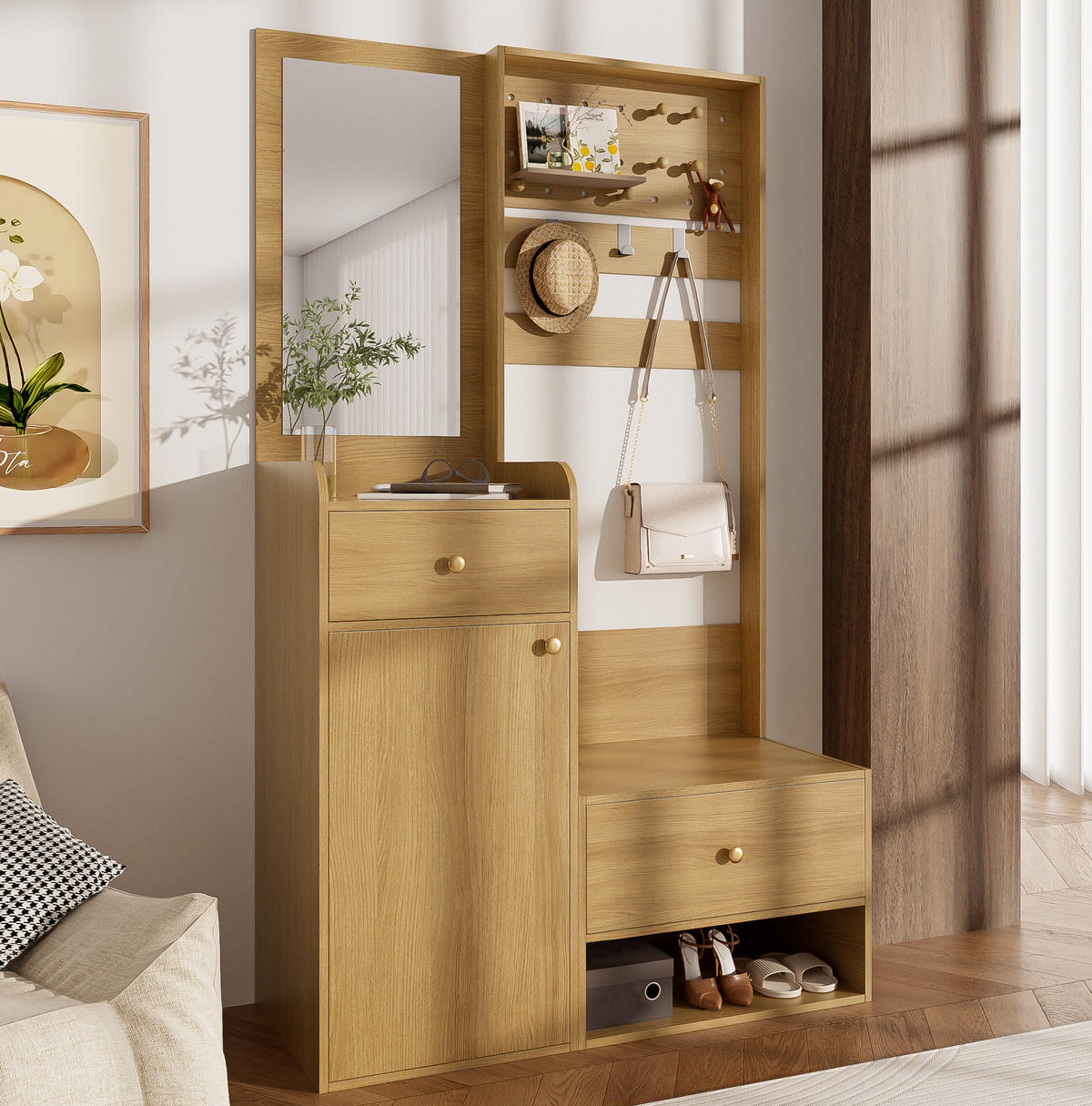 GARDEROBE 105/38/180 cm holzfarben aus Spanplatte mit Spiegel und Stauraum - Naturfarben, Holzwerkstoff (105/180/38cm) - OKWISH