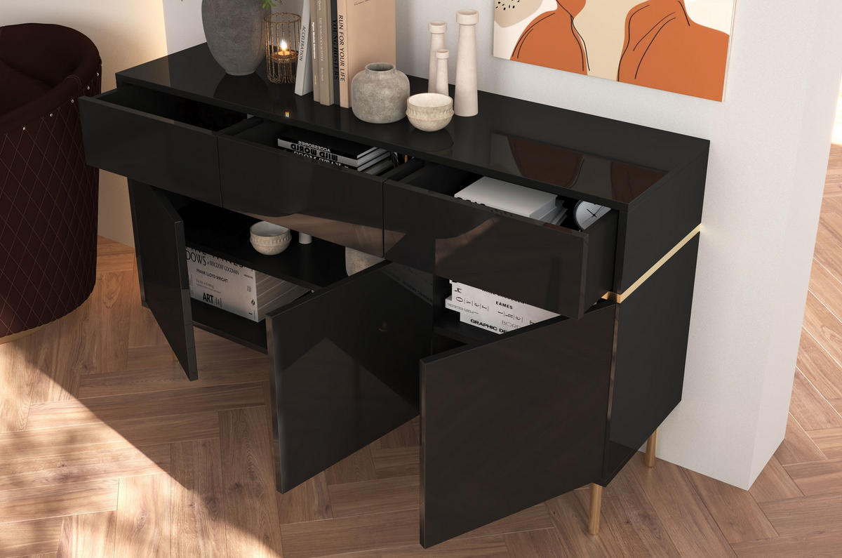 SIDEBOARD Marika, Schwarz, Gold, Hochglanz - Goldfarben/Schwarz, Holzwerkstoff/Metall (137.5/85/39.5cm) - Dancan