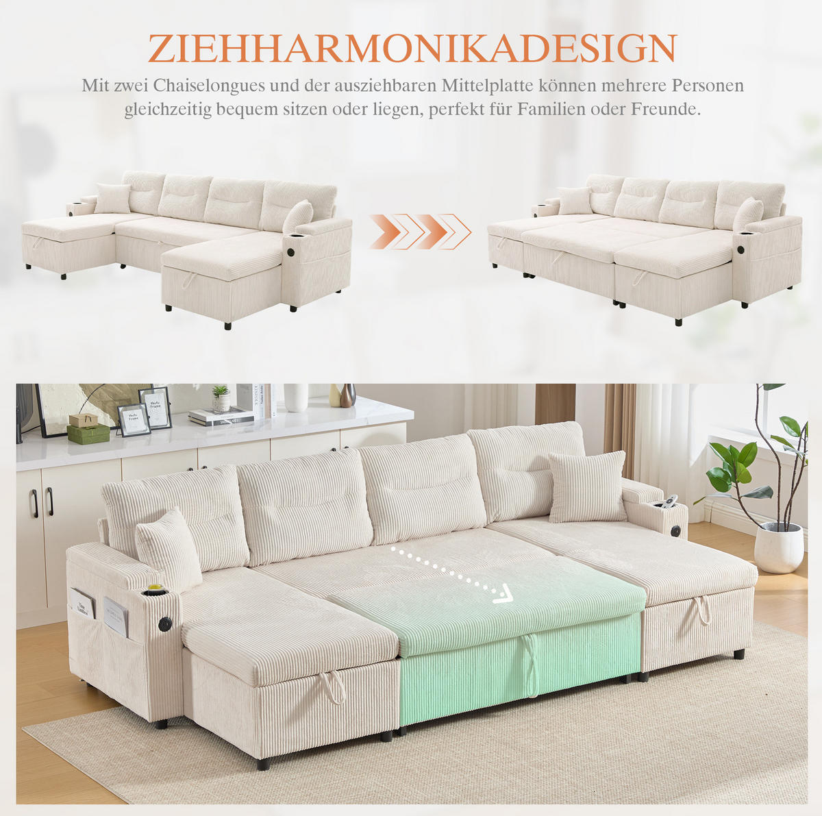 ECKSOFA 4-Sitzer Cord mit Stauraum und USB-Anschluss Schlaffunktion 272/136/86 cm Beige - Beige, Textil (136/86/272cm) - Redom