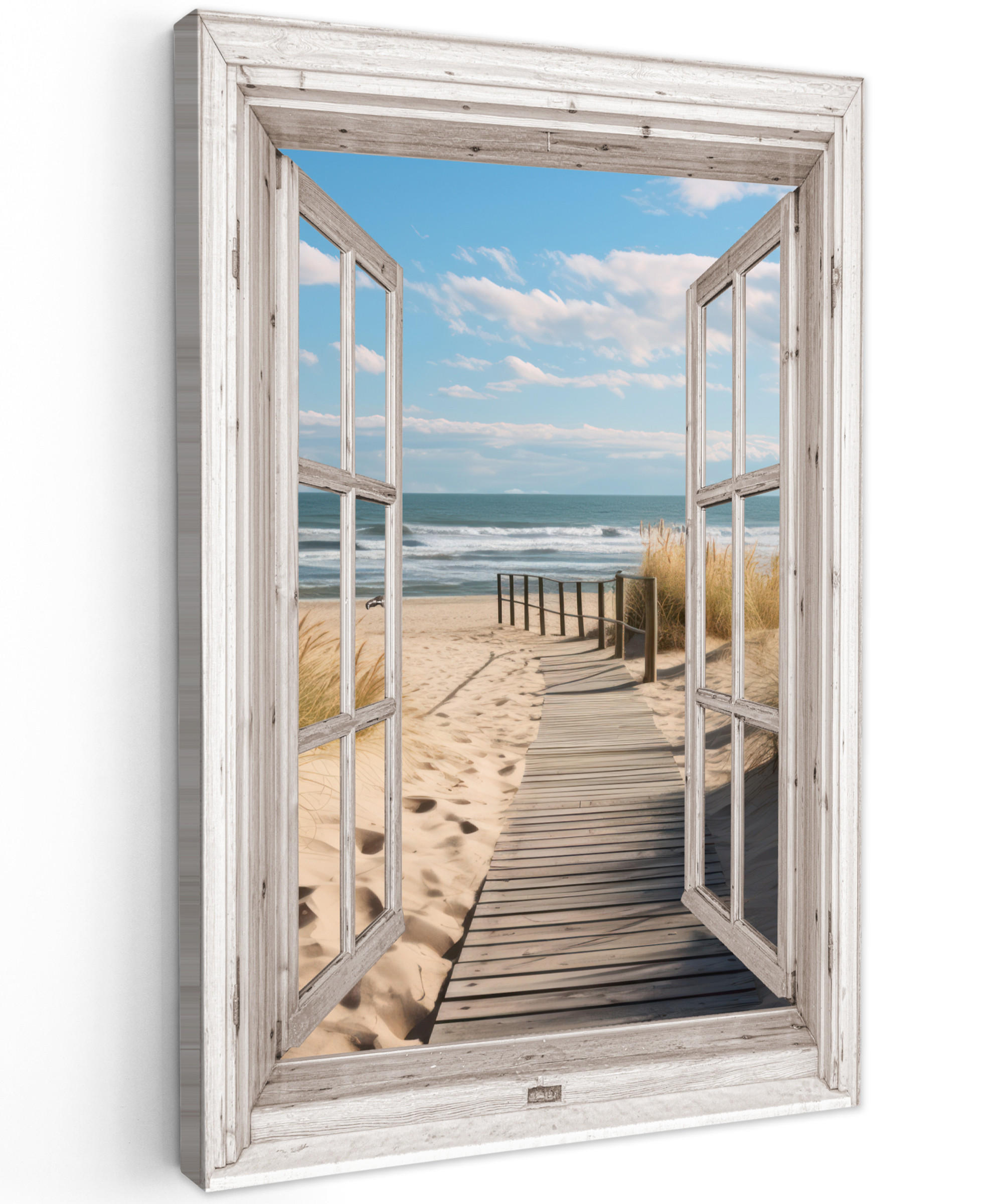 LEINWANDBILD Fenster - Meer - Küste - Natur - Ausblick - Strand - Wattenmeer 20x30 cm - Beige, Textil (20/30cm) - MuchoWow