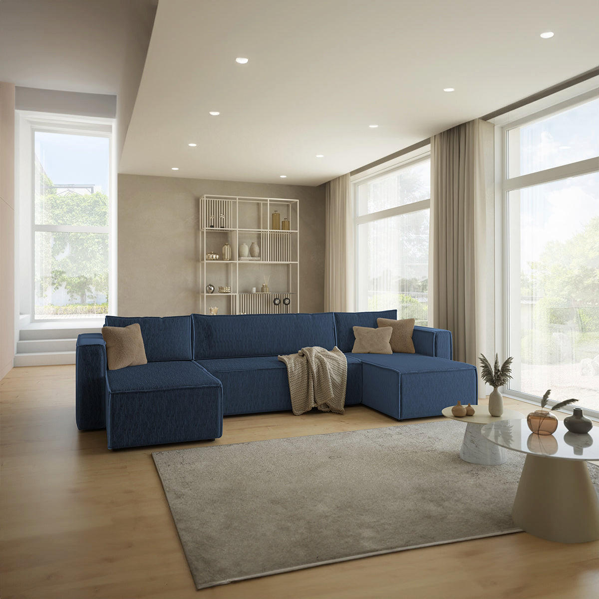 PANORAMASOFA Ezekiel 5 Sitzplätze Blau - Blau, Holz (309/73/145cm) - Petits-meubles