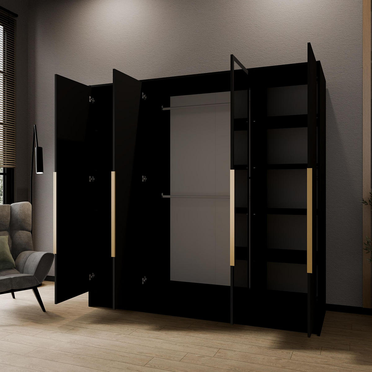 SCHRANK Schwarz LUSO Mit Spiegel Und Schwarzen Griffen 200 g - Schwarz, Holzwerkstoff (200/200/51cm) - Sepro Meble