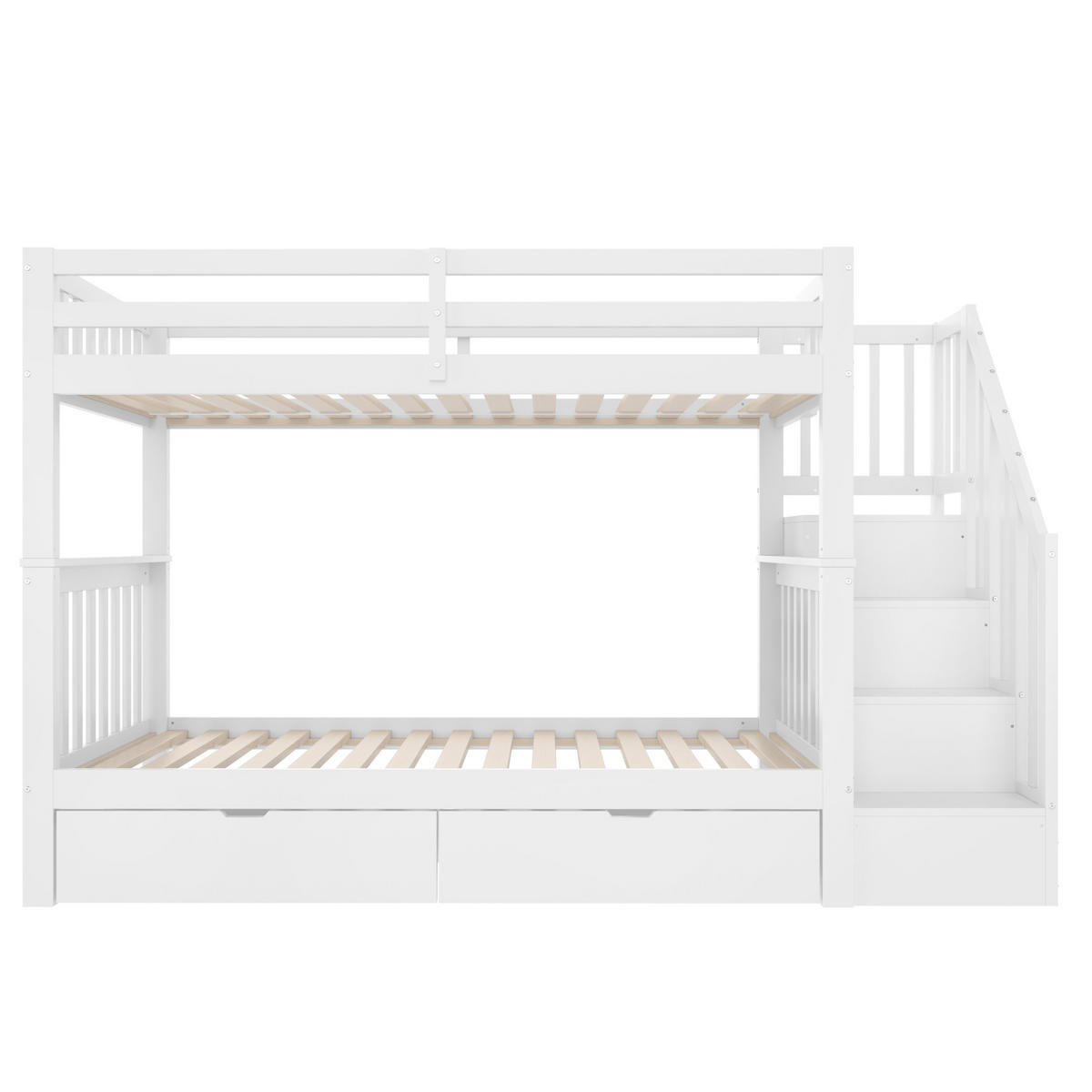 ETAGENBETT 90/200 cm mit Treppenregal, 2 Schubladen und hohem Geländer aus Kiefernholz und MDF, Weiß - Weiß, Holz (90/200cm) - Redom