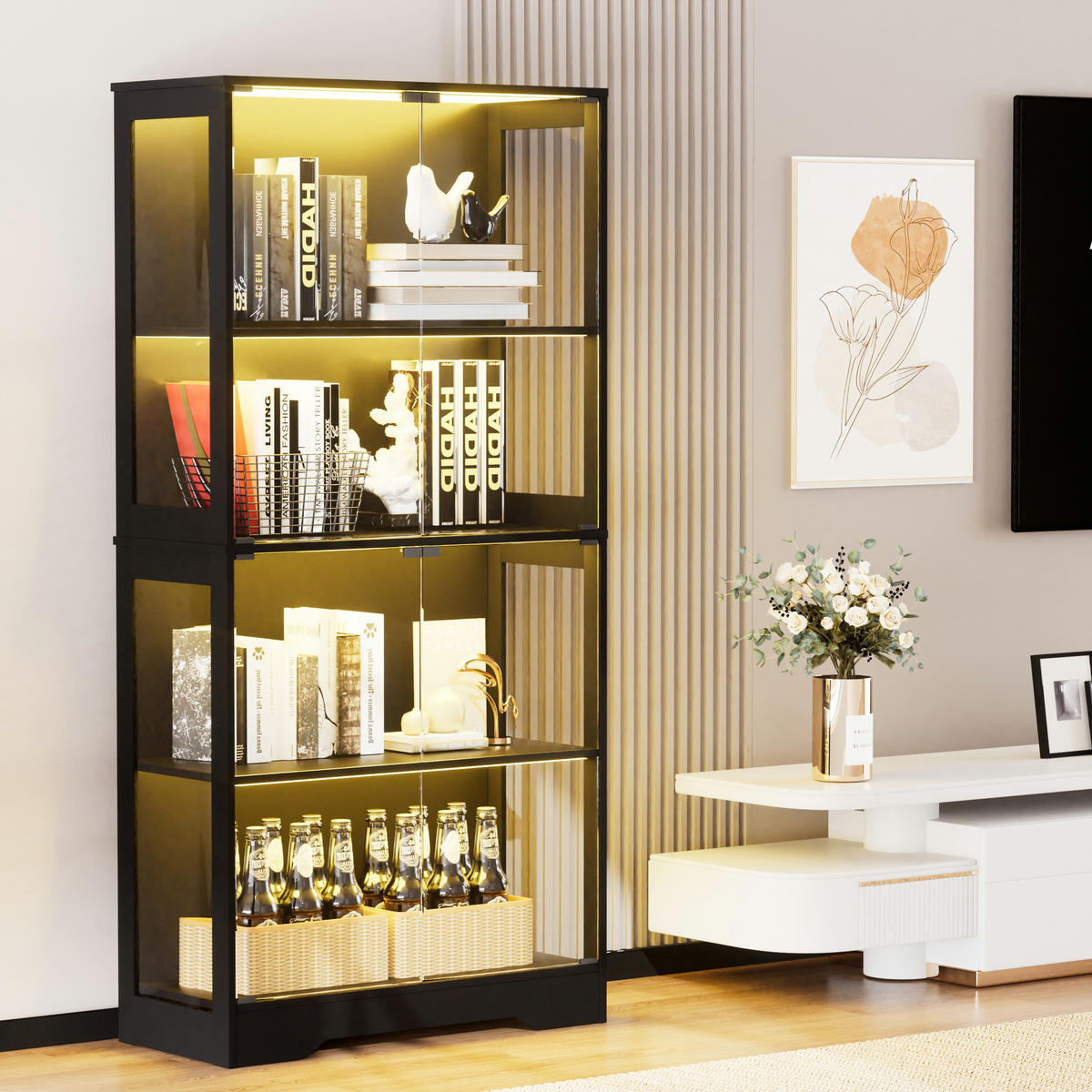 VITRINE in Schwarz 4-stöckige Glasvitrine LED staubdicht Stauraum WZ/SZ/Büro B80/T35/H180cm - Schwarz, Glas/Holzwerkstoff (80/165/35cm) - STILVORA