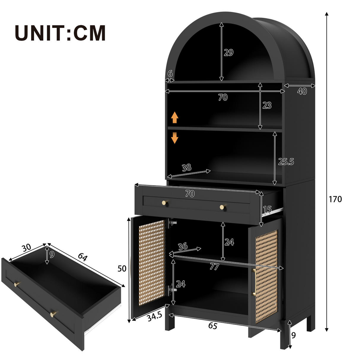 VITRINENSCHRANK in Schwarz und Holzoptik 70x40x170 cm mit 2 Türen und Schublade - Schwarz, Holzwerkstoff (40/170/70cm) - IVMEU