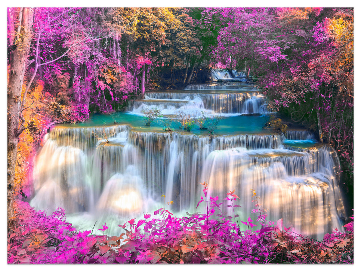 FOTOTAPETE für Schlafzimmer Wasserfall Pinker Wald Fantasie 500x350 - Türkis/Beige, Papier (500/350cm) - Muralo