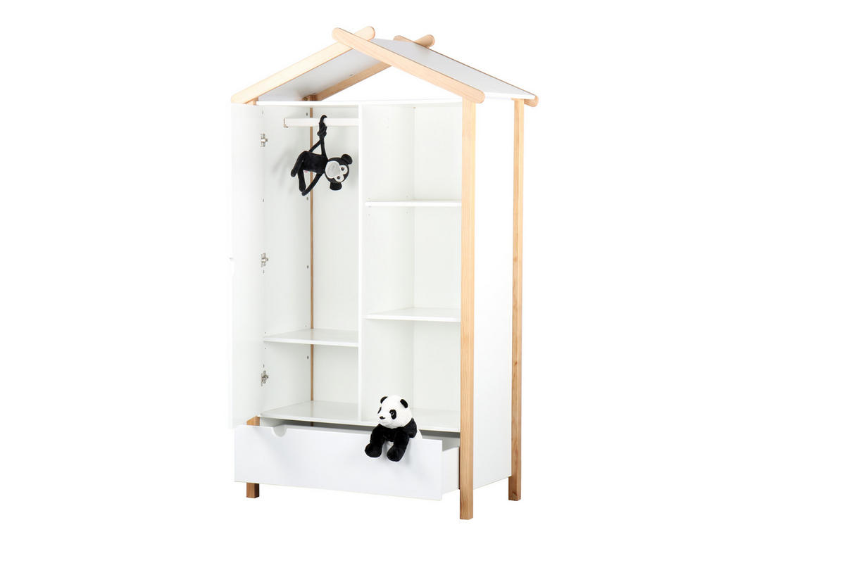 KLEIDERSCHRANK Malmö in Hausform - 1 Tür, 3 offene Fächer, 1 Schublade - Weiß, Holz (112/187/51cm) - TPFLiving