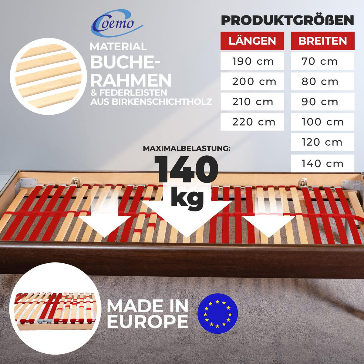 LATTENROST RUBY NV 70x200 cm - Rot/Naturfarben, Holz (70/200cm) - Coemo