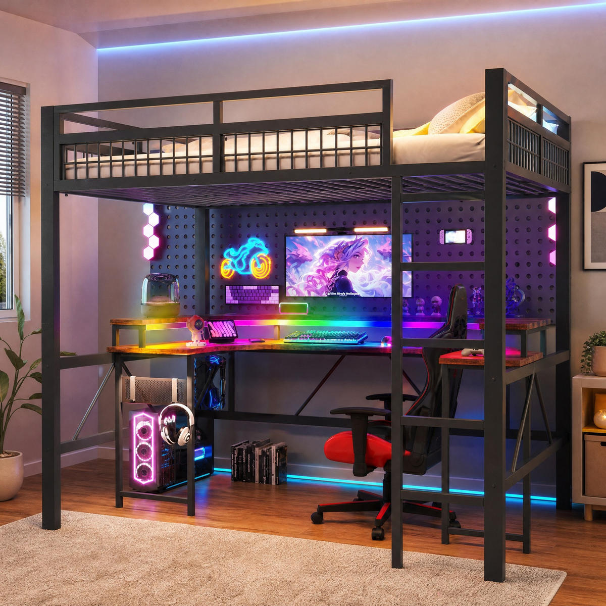 HOCHBETT 140/200 mit LED, Schreibtisch, USB, Type-C und Steckdosen in Schwarz - Schwarz, Holzwerkstoff/Metall (140/200cm) - EVRYAE