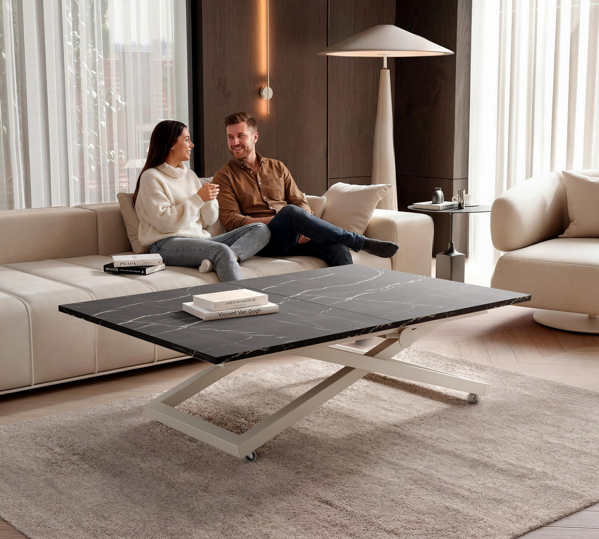 COUCHTISCH ARIA 120-160/80 cm, Höhenverstellbar, Kaschmir / Grigia Pietra (Steingrau) - Kaschmir/Grau, Holzwerkstoff/Metall (120/80/38cm) - Idohome