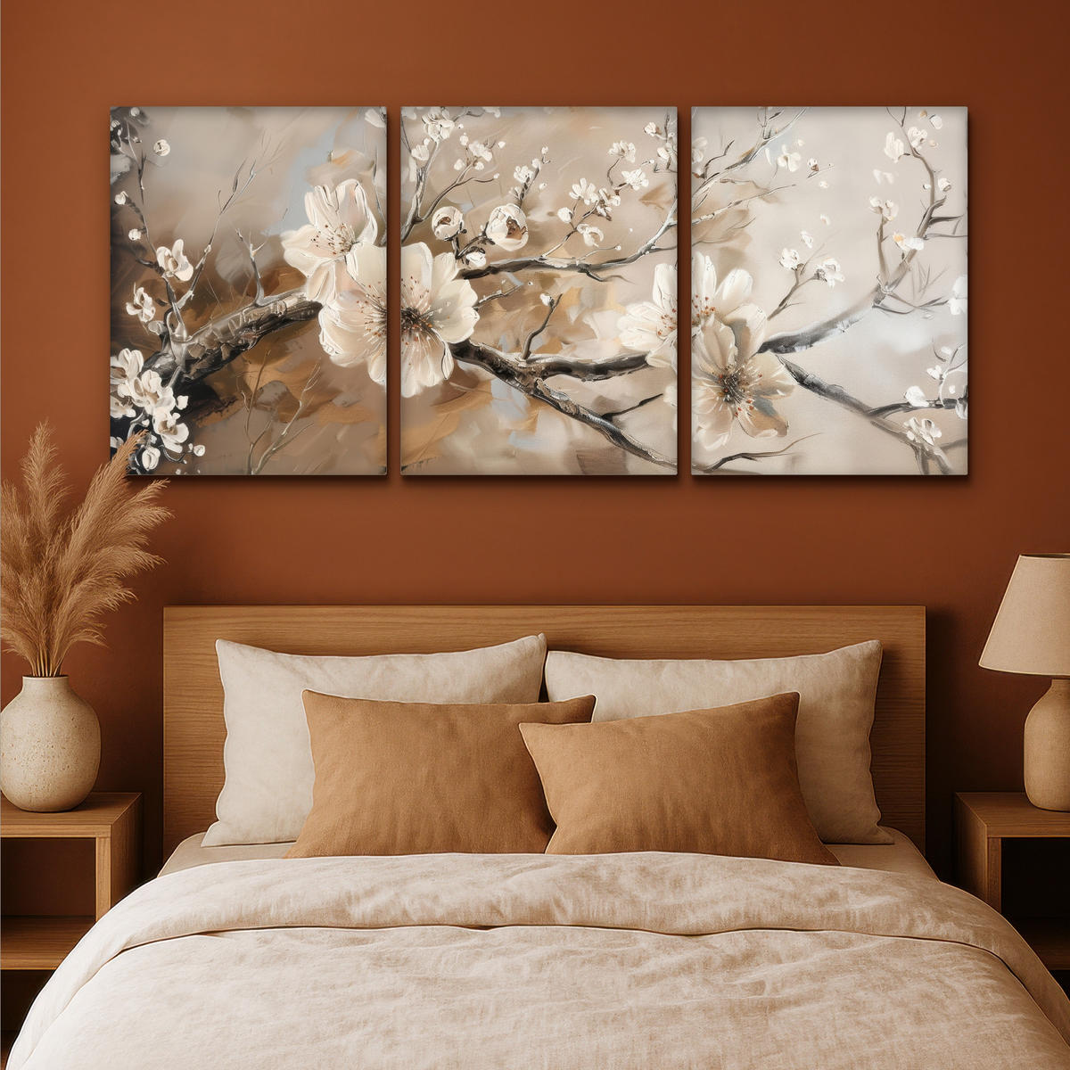 LEINWANDBILD 3er Set Blüte - Beige - Abstrakt - Blumen 180x80 cm - Hellbraun, Textil (180/80cm) - MuchoWow