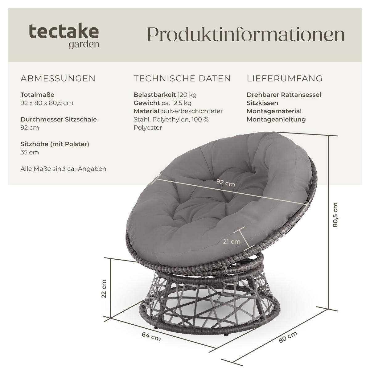 RATTANSESSEL Gargano, 92 x 80 x 80,5 cm, grau - Grau, Kunststoff (80/80.5/92cm) - tectake