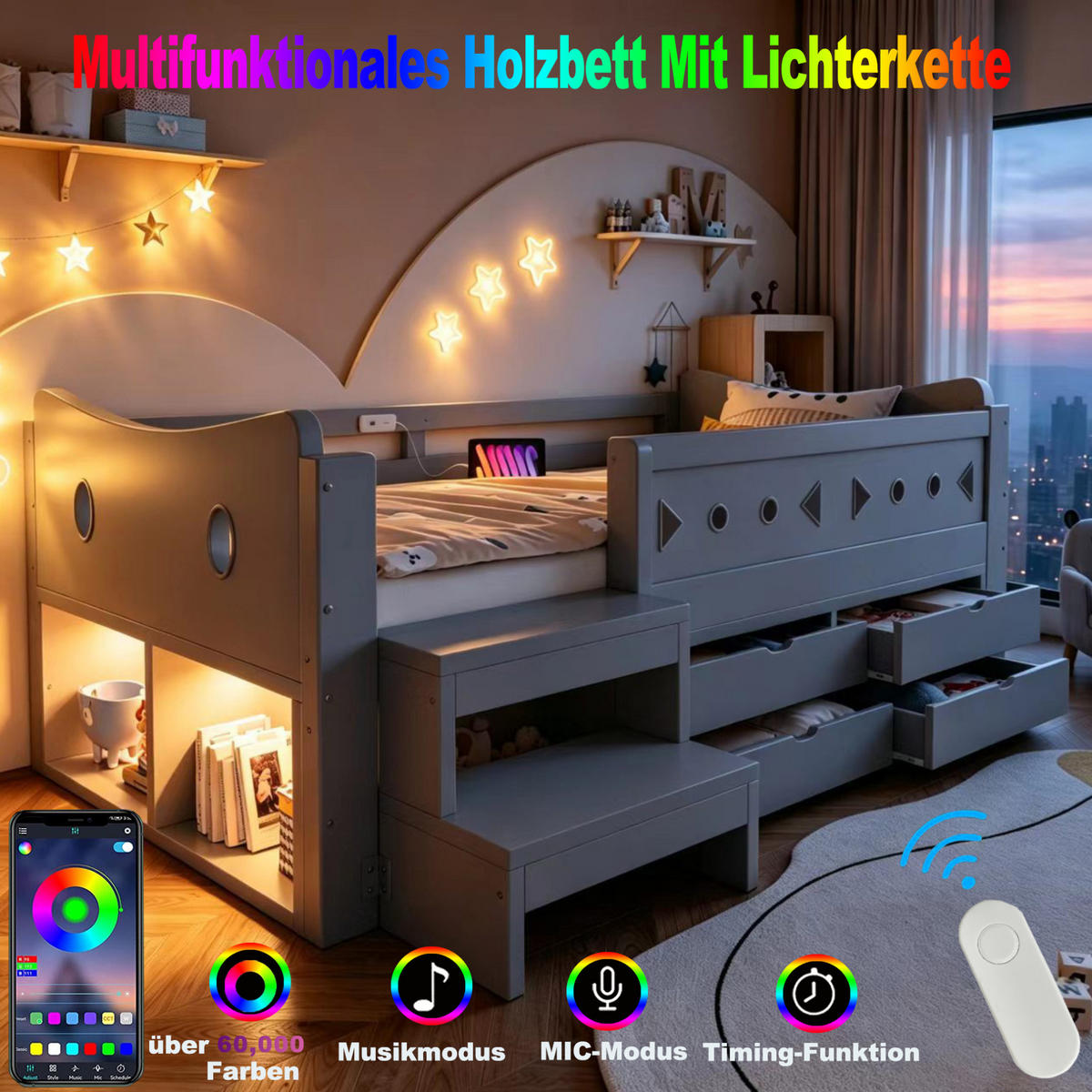 KINDERBETT Holz 90x200 cm Grau mit Stauraum, Sicherheitsgitter, LED, USB & Typ-C - Grau, Holz (90/200cm) - Modfu