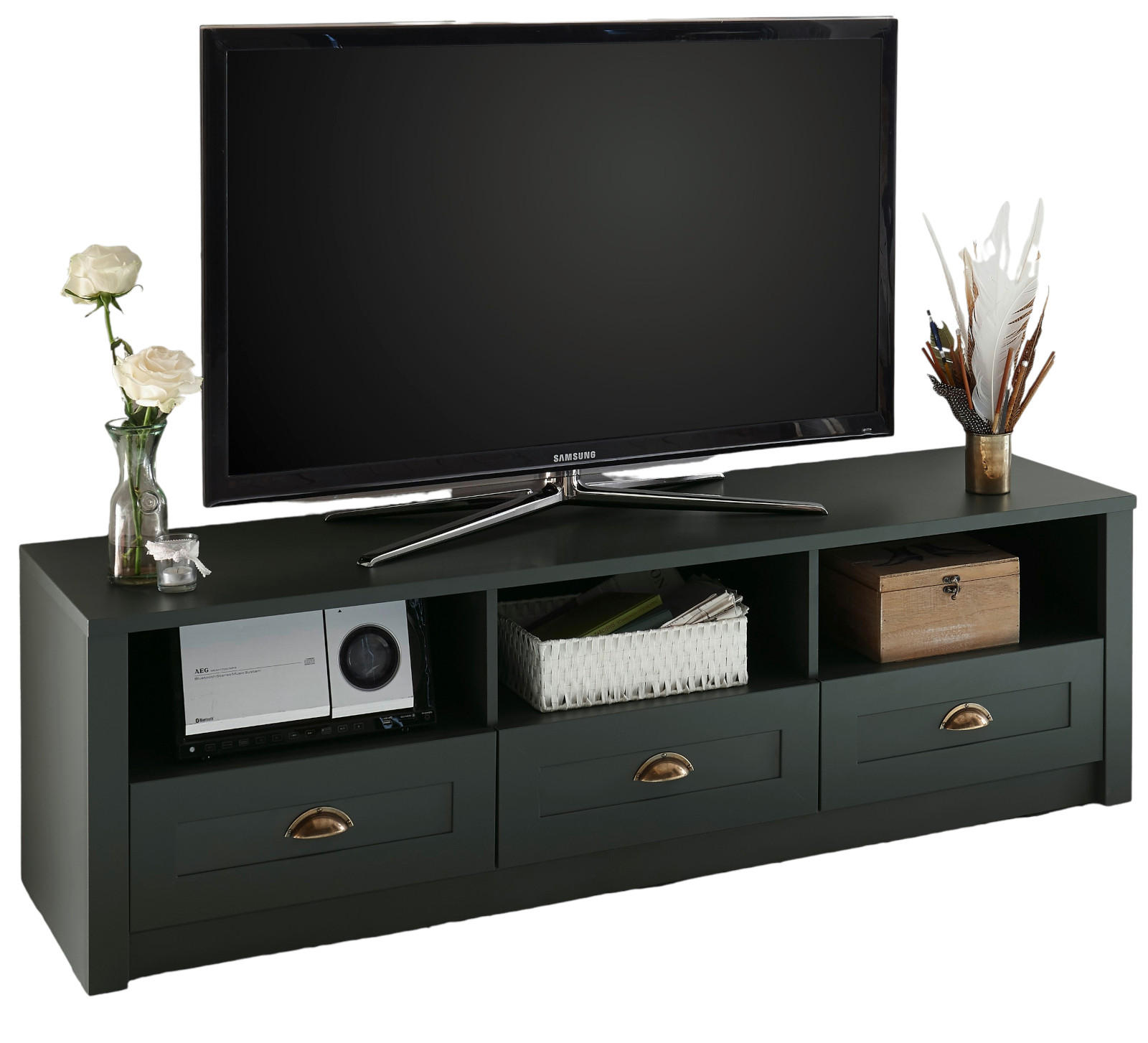 TV-LOWBOARD grün 158 x 47 cm, TV Unterteil im Landhaus-Stil - Chromfarben/Schwarz, Holzwerkstoff/Kunststoff (158/47/43cm) - Furn.Design