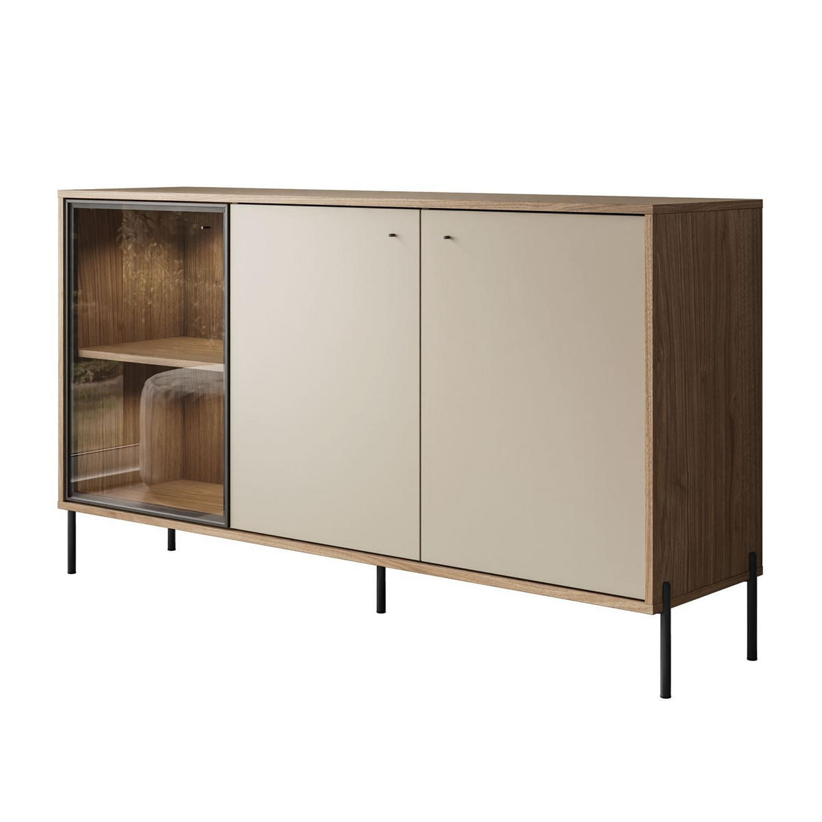 KOMMODE ISA 3D, dreitürig mit LED-Beleuchtung auf hohen Beinen. - Eichefarben, Holzwerkstoff (151/85/40cm) - Lookway