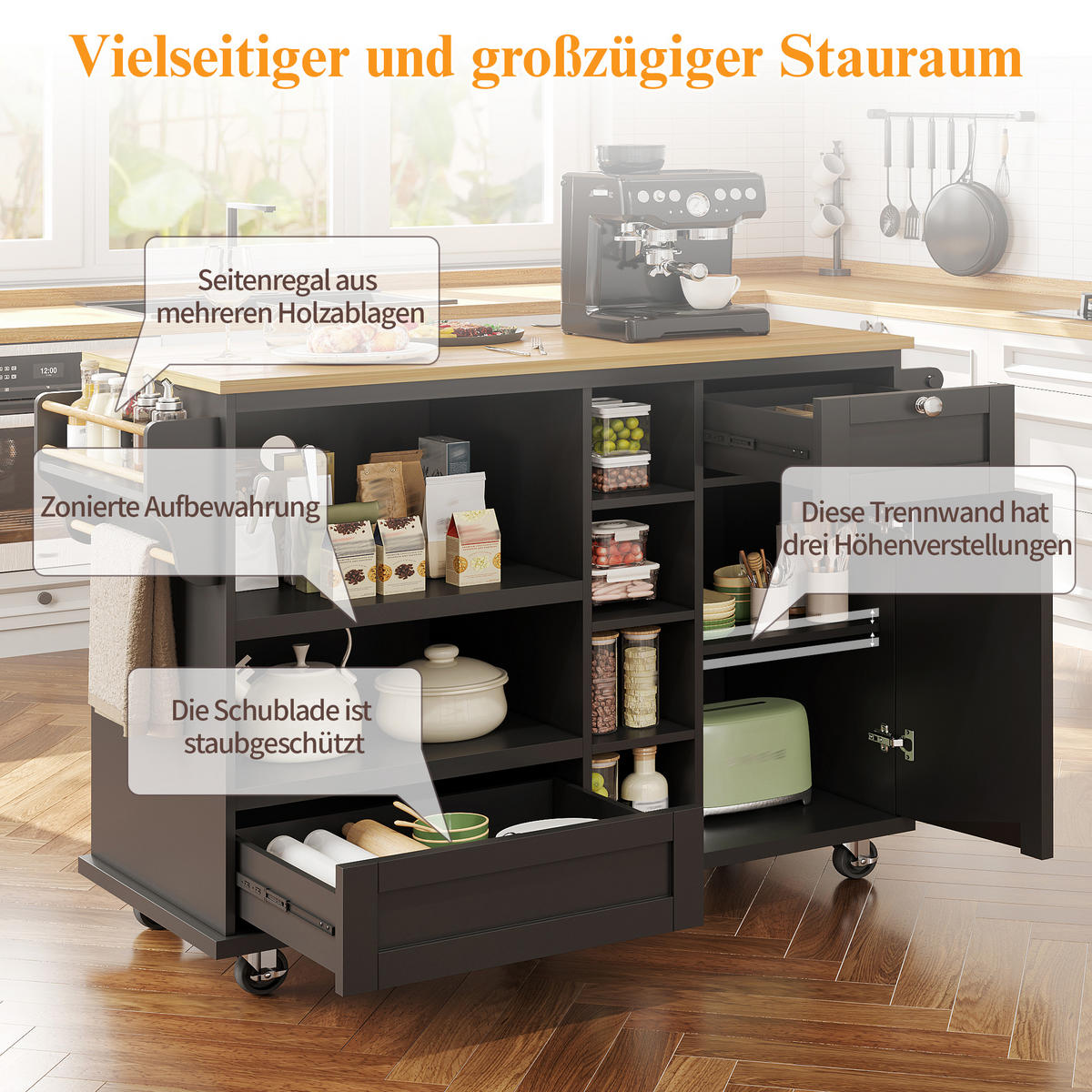 KÜCHENINSEL 129/46/92 cm Schwarz mit Holzplatte, Schubladen, Schrank, Regal und 5 Rollen - Schwarz, Holz/Holzwerkstoff (129/92/46cm) - Oxeza