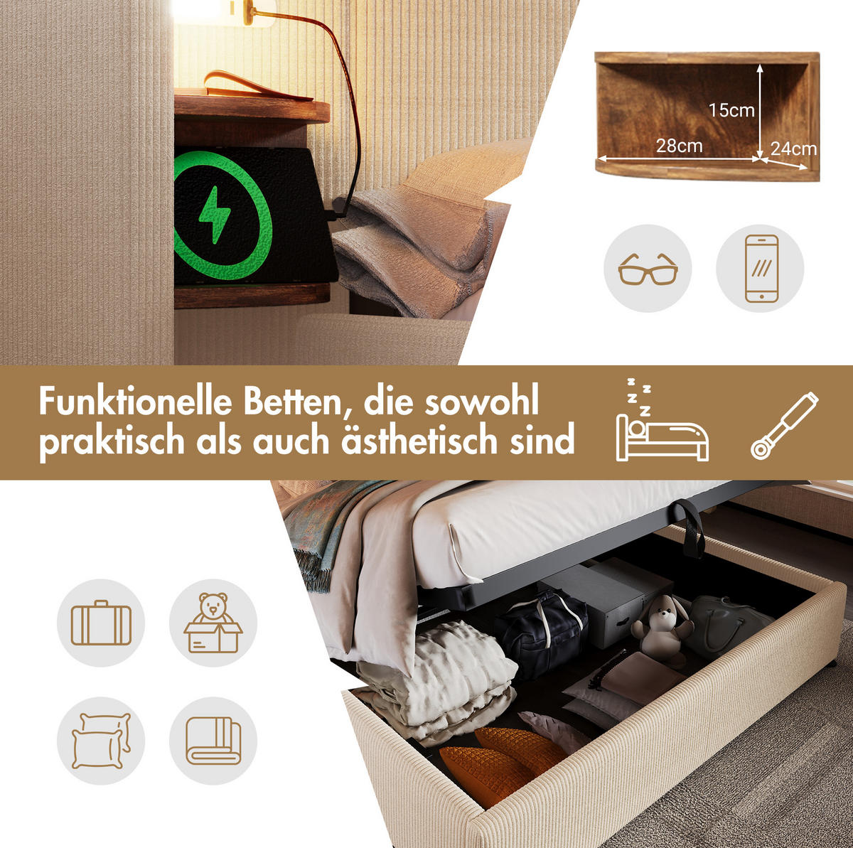 POLSTERBETT 180/200 cm Beige-Weiß aus Cordstoff mit Stauraum - Beige, Textil (180/200cm) - OKMYHOME