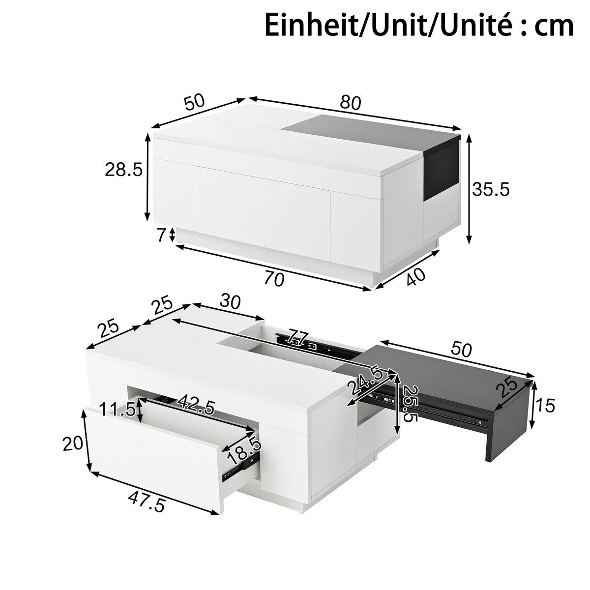 COUCHTISCH 80/50/35.5 cm weiß mit ausziehbarer Tischplatte und LED-Beleuchtung - Weiß, Holzwerkstoff (80/50/35.5cm) - OKWISH