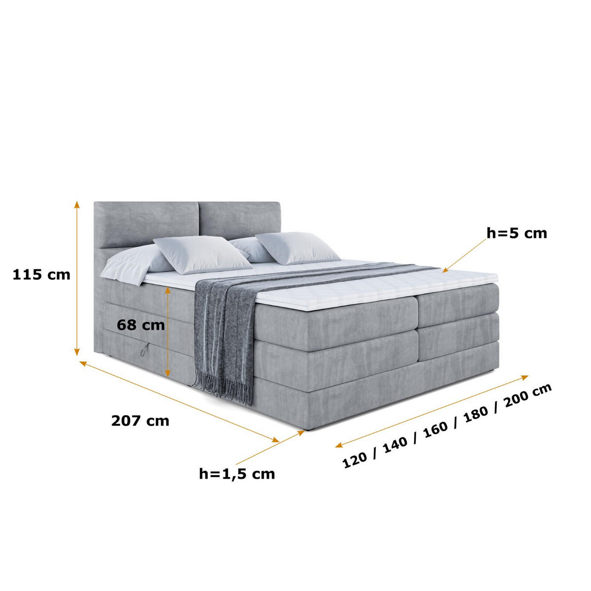 BOXSPRINGBETT BOXI3 KING - 120x200 - H3/H4 - Grau - Grau, Holzwerkstoff (120/200cm) - ALTDECOR