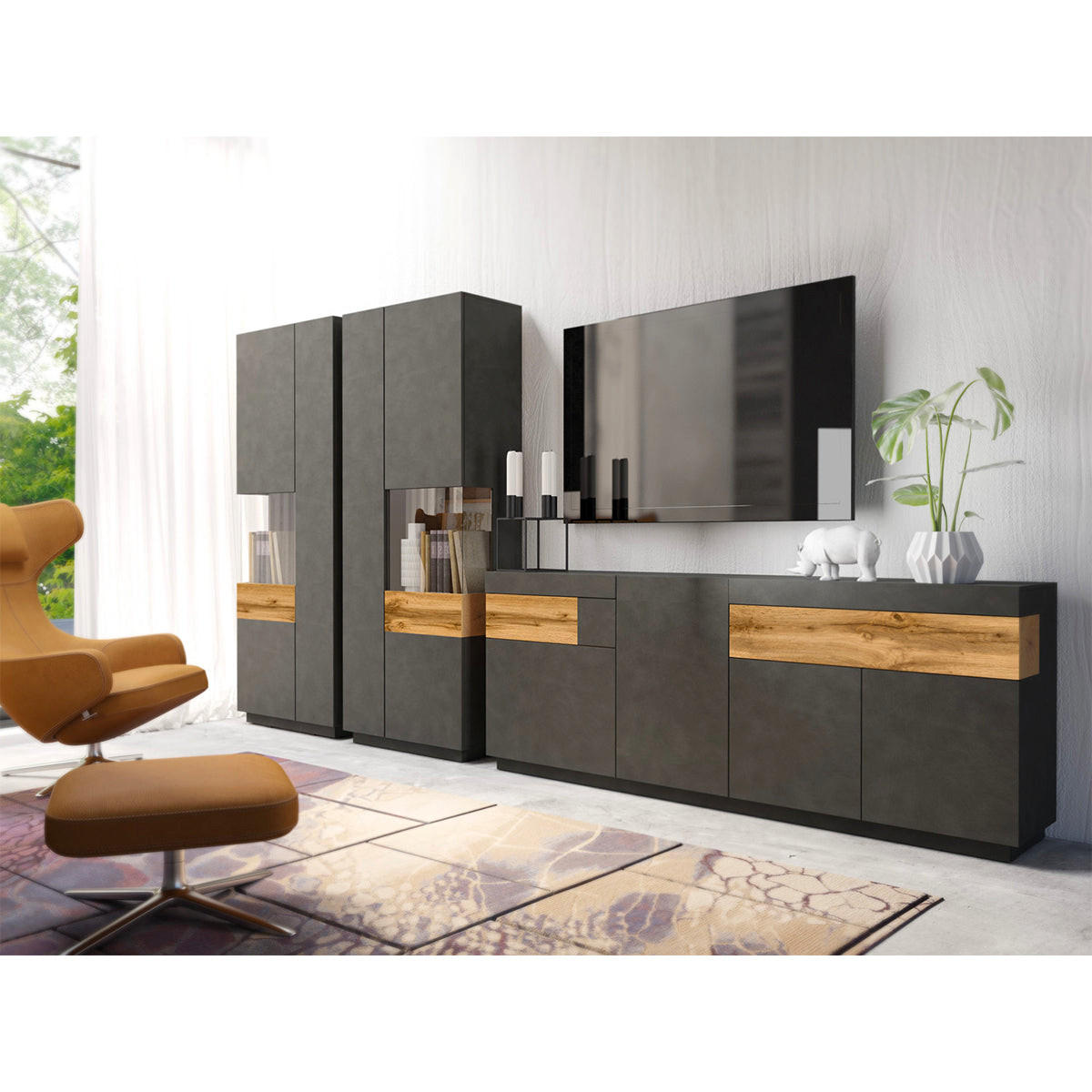 VITRINE Andrea Anthrazitgrau und Holz - Grau, Holzwerkstoff (80/207/40cm) - Petits-meubles