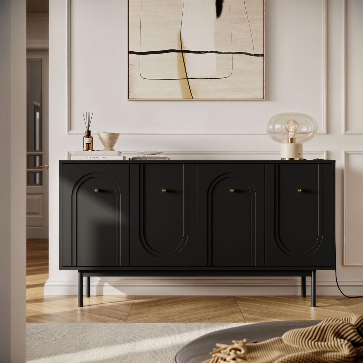 SIDEBOARD LIBERTY 4D auf Holzbeinen schwarz - Schwarz, Holzwerkstoff (154/82/39cm) - Lookway
