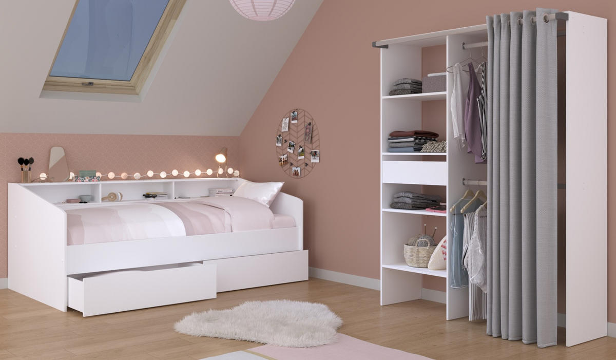 KINDERZIMMER-SET 2-teilig weiß, Jugendzimmer mit Stauraumbett - Weiß, Holzwerkstoff/Metall (203/182/113cm) - Parisot Meuble