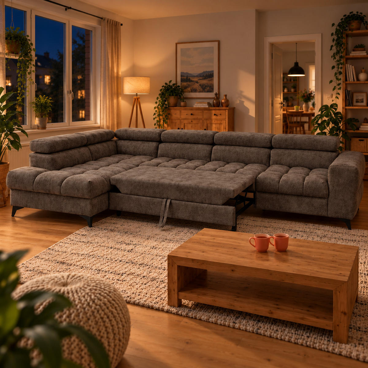 ECKSOFA PUDDING MAXI L Links mit Schlaffunktion 125x195 Velours Braun - Schwarz/Braun, Holz/Textil (350/203cm) - Muffo