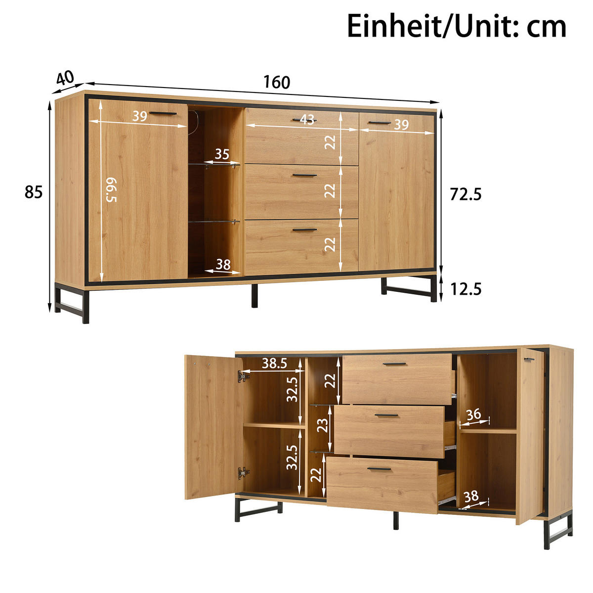 SIDEBOARD 160/40/85 cm Natur aus MDF und Spanplatte mit LED-Beleuchtung - Naturfarben, Holzwerkstoff (40/85/160cm) - OKMYHOME