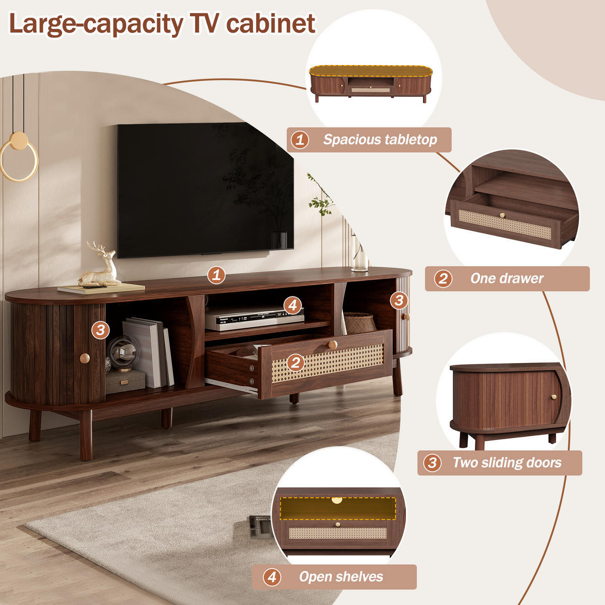TV-SCHRANK Nussbaum 165/37/46 cm, Rattan-Optik, Schiebetür, Massivholzfüße - Walnussfarben, Holzwerkstoff (165/46/37cm) - PANGIVO