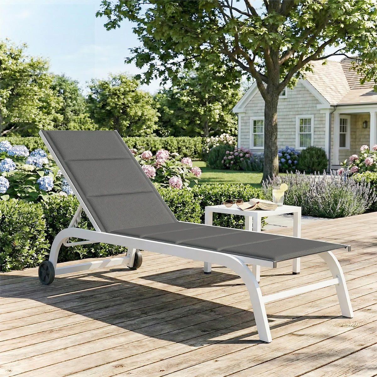 SONNENLIEGE Garten-Sonnenliege mit Rollen aus Texteline mit Aluminiumrahmen,165*62*94 cm ,dunkelgrau und weiß - Grau, Metall (62/94/165cm) - Vallsero
