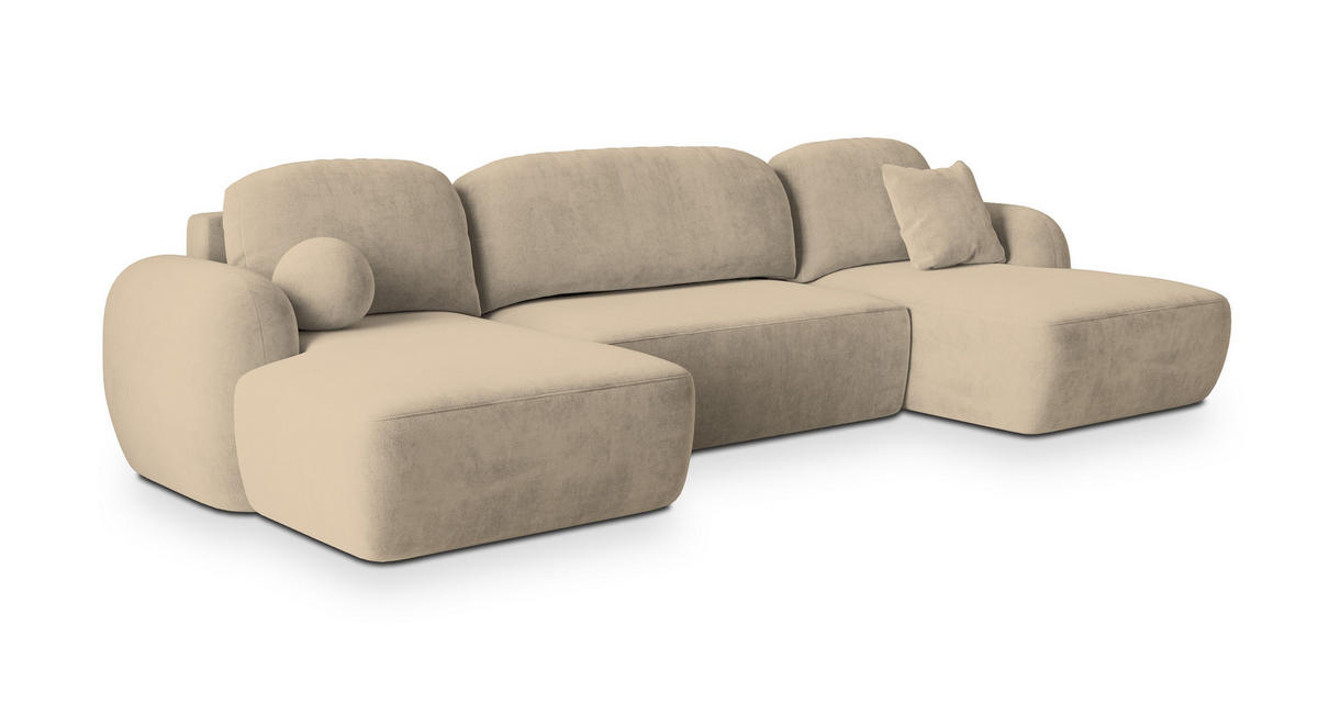 WOHNLANDSCHAFT SAVONA K Beige Plüsch-Stoff mit Schlaffunktion - Beige, Holz (350/90/148cm) - MASSENO