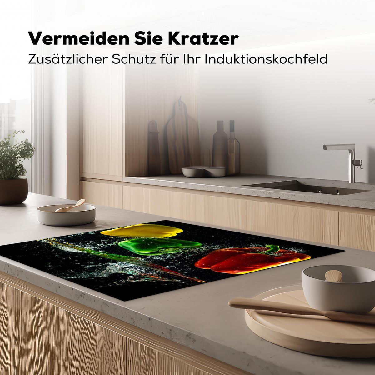 HERDABDECKPLATTE Paprika - Gemüse - Wasser - Schwarz - Rot - Grün - Gelb Induktionsmatte 78x78 cm - Multicolor, Kunststoff (78/78/0.2cm) - MuchoWow