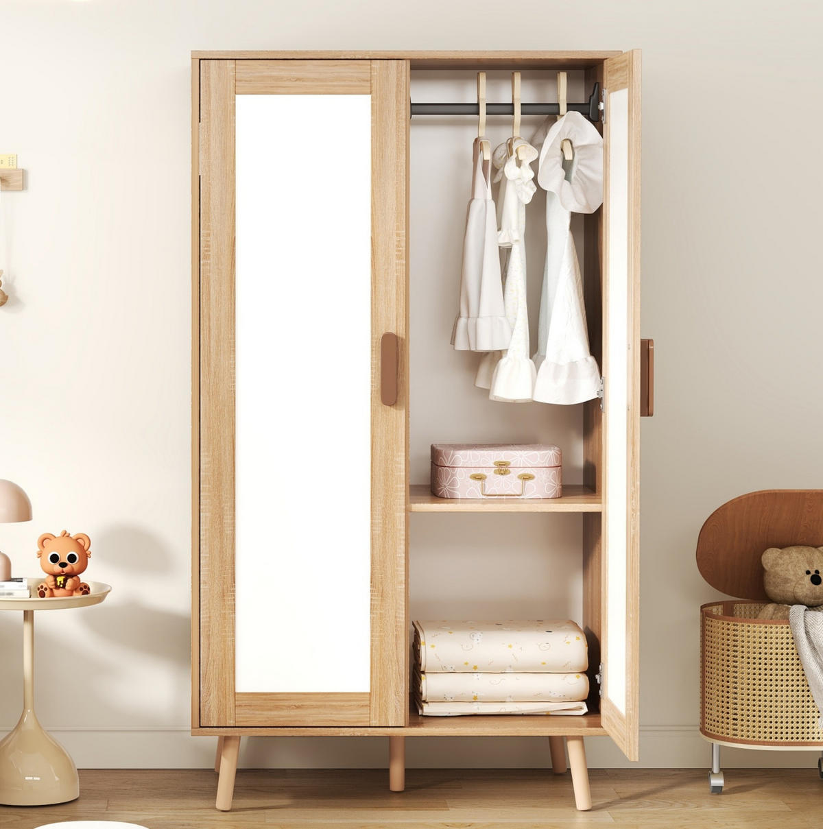 KLEIDERSCHRANK aus MDF 80x46x141,5 cm Weiß/Natur mit Kleiderstange, Ablagefach und Kippschutz - Naturfarben, Holzwerkstoff (80/141.5/46cm) - Modfu