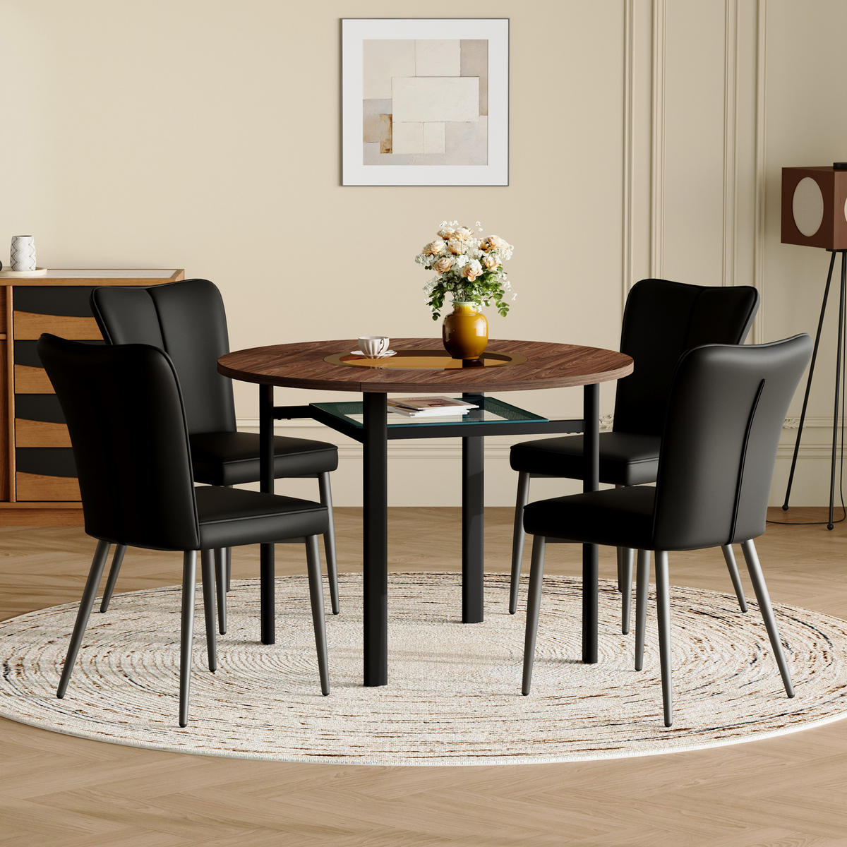 ESSGRUPPE DE-39368 5-teilig, mit 4 PU-Stühlen und Glasplatte Braun/Schwarz - Schwarz, Metall (100/76/100cm) - ComfortXL