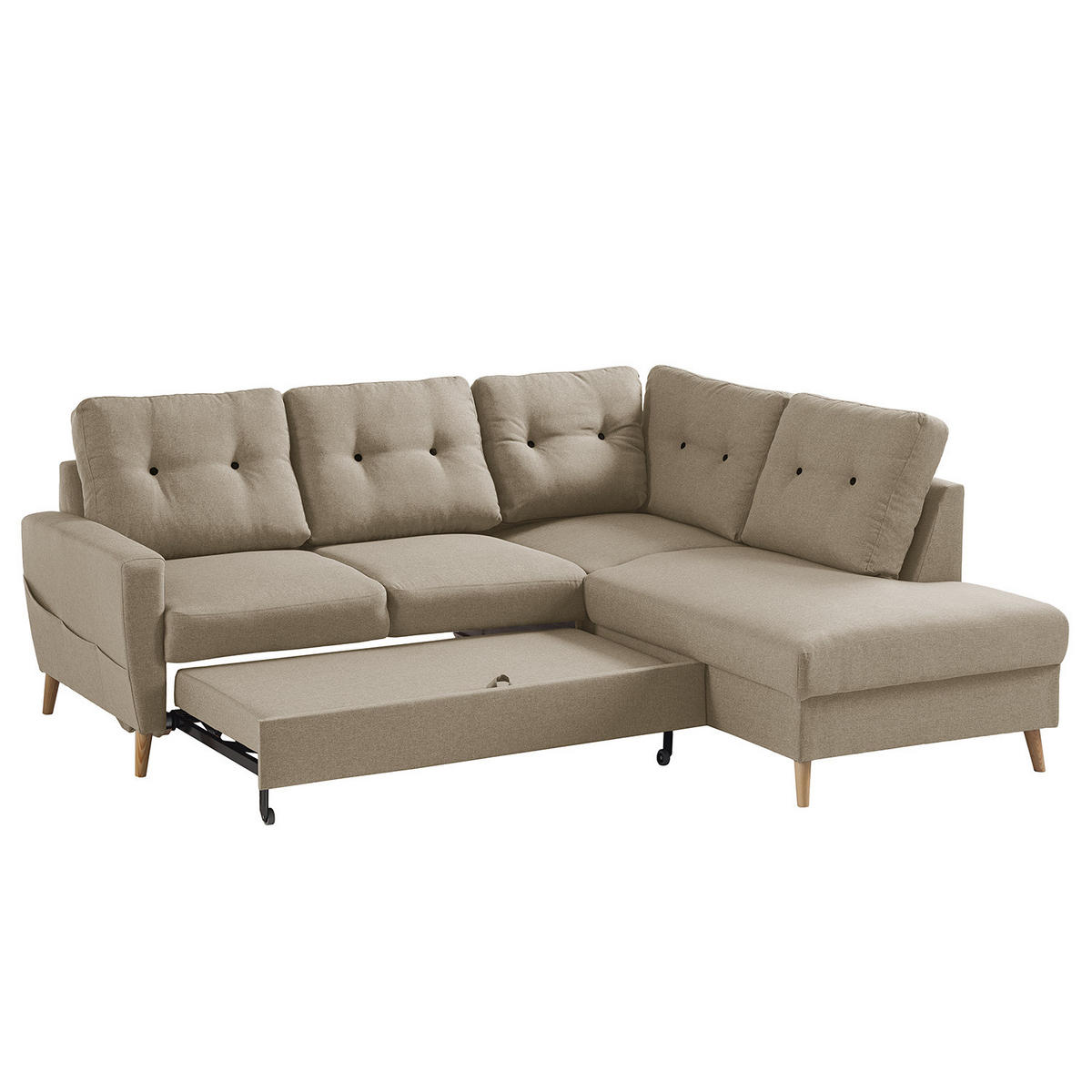ECKSOFA mit Ottomane - Webstoff - Hellbraun/Cappuccino, Holz/Textil (230/200cm) - home24