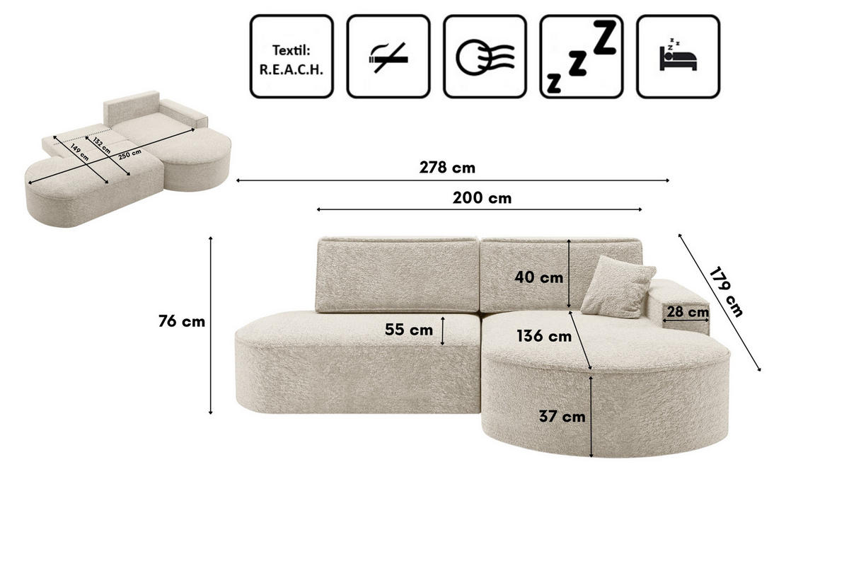 ECKSOFA Modena Pro - Komfort Und Stil stoff Arena Ecru Rechts - Ecru, Holz (278/179cm) - Kaiser Möbel