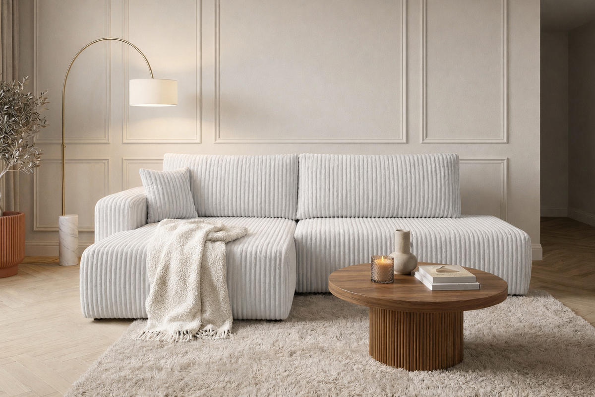 ECKSOFA Mit Schlaffunktion Und Bettkasten, Cordstoff Tilia, Grau, Links, OPEN XL - Grau, Holz (262/145cm) - Kaiser Möbel