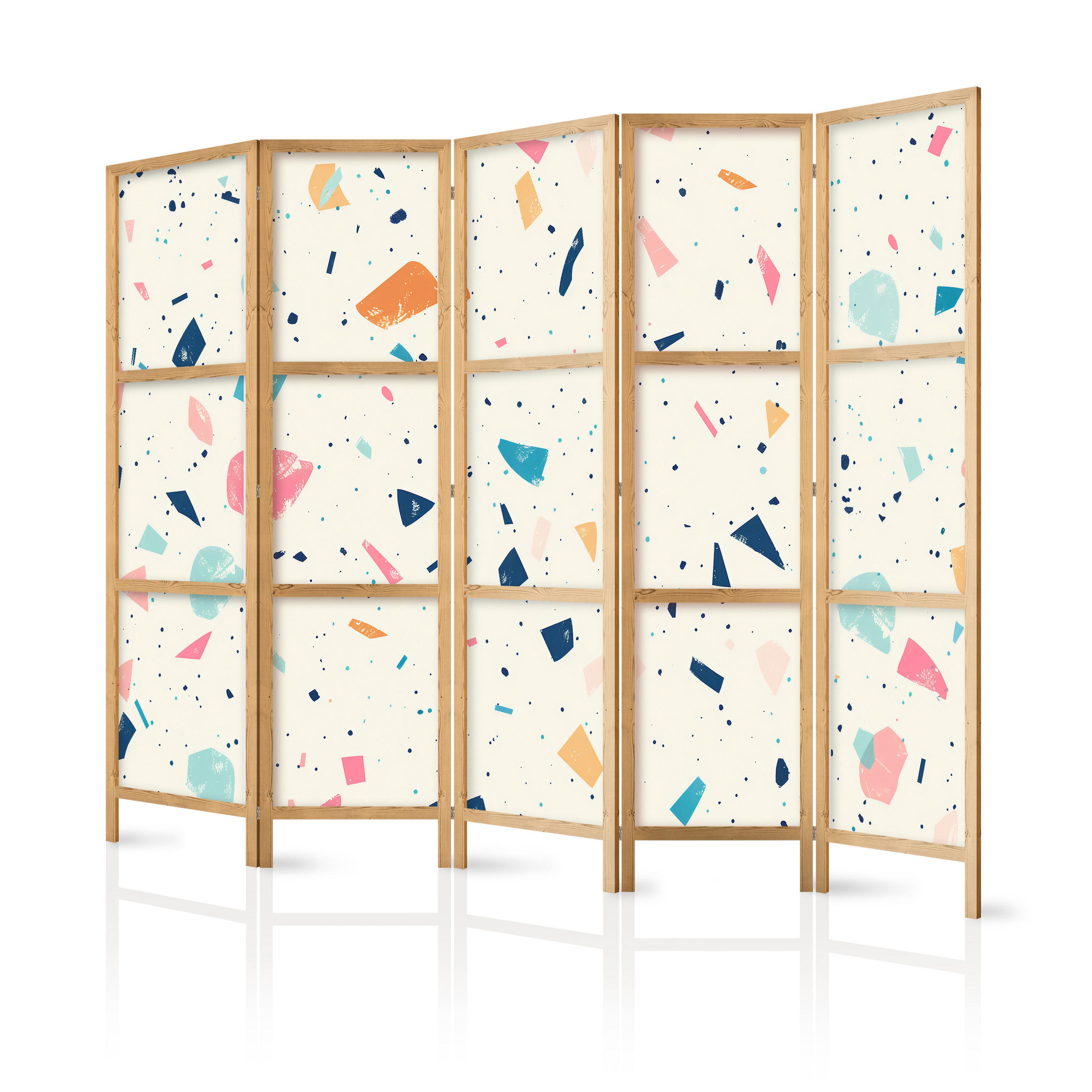 PARAVENT Japanischer 5-tlg 225x172 cm Farbiger Terrazzo Muster - Multicolor, Holz/Textil (225/172/3cm) - Muralo