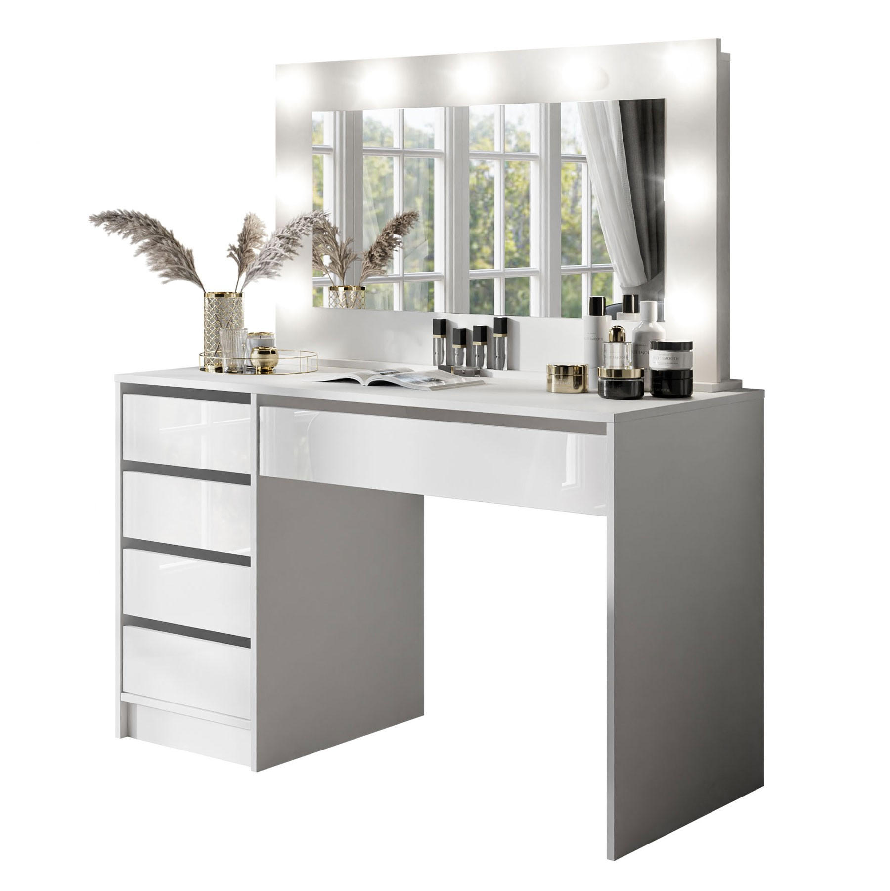 SCHMINKTISCH MADA mit Spiegel Weiß / Weiß hochglanz - Weiß Hochglanz, Holzwerkstoff (120/142/55cm) - Lookway
