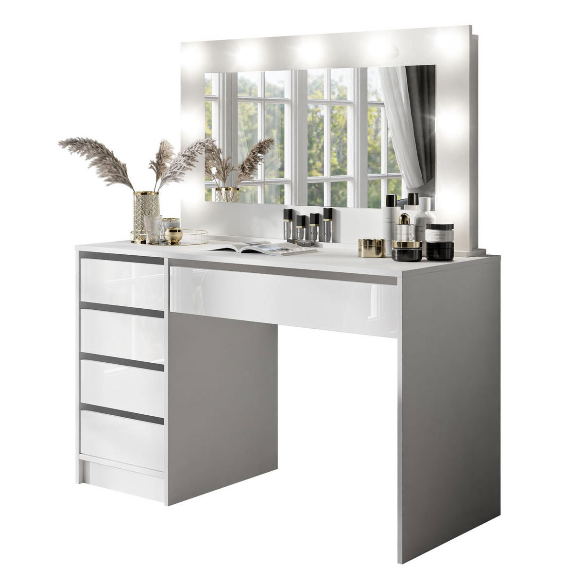 SCHMINKTISCH MADA mit Spiegel Weiß / Weiß hochglanz - Weiß Hochglanz, Holzwerkstoff (120/142/55cm) - Lookway